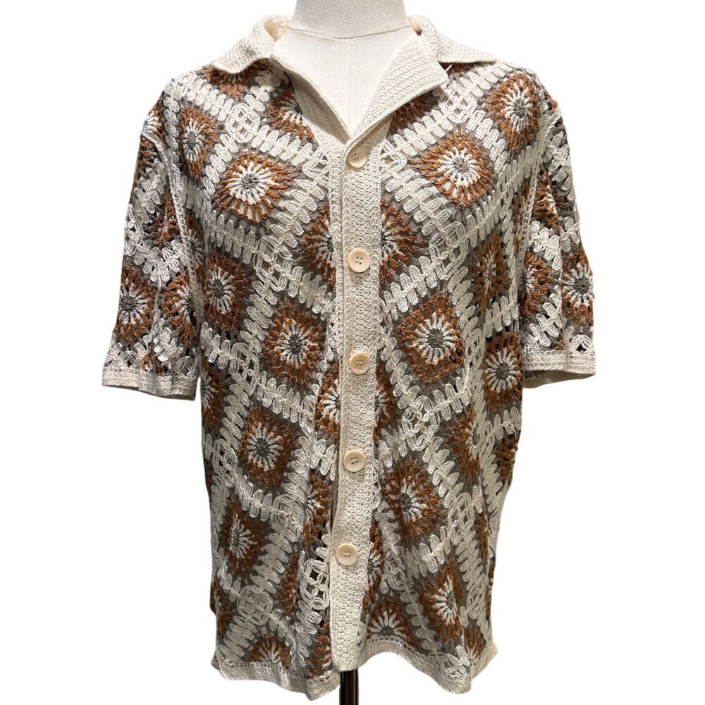 Morse Code Crochet Button Shirt L Boho Granny Square Retro 70s Cream Brown Beach